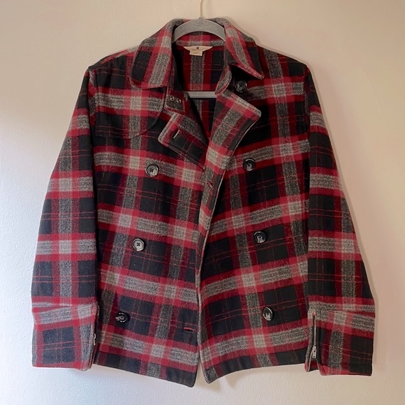 WOOLRICH Vintage Wool Plaid Check Double Breasted Coat Jacket Peacoat Red Black - Picture 14 of 14